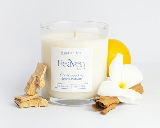 Artisan soy candle with neroli, pine resin, cedarwood, and warm balsam fragrance.