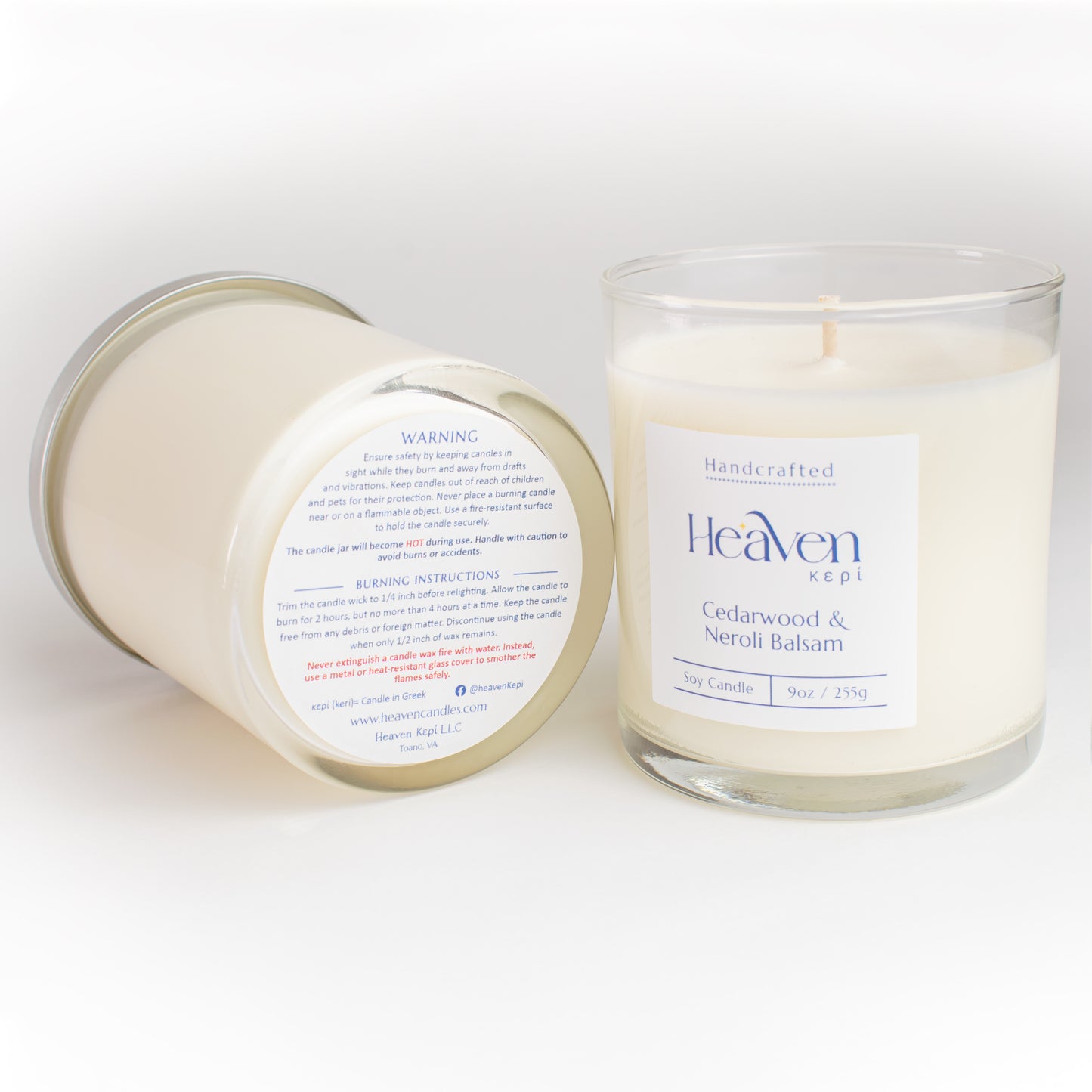 Grounding wood and floral scented candle styled in warm neutral home décor.
