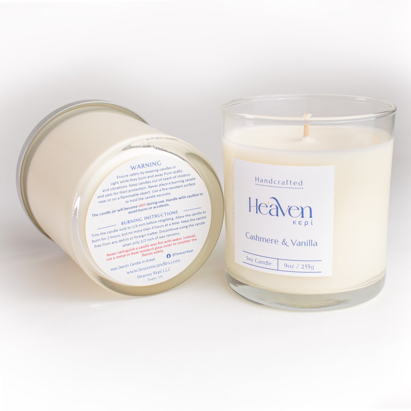 Warm cashmere, vanilla, and sandalwood fragrance candle displayed on neutral bedroom accents.