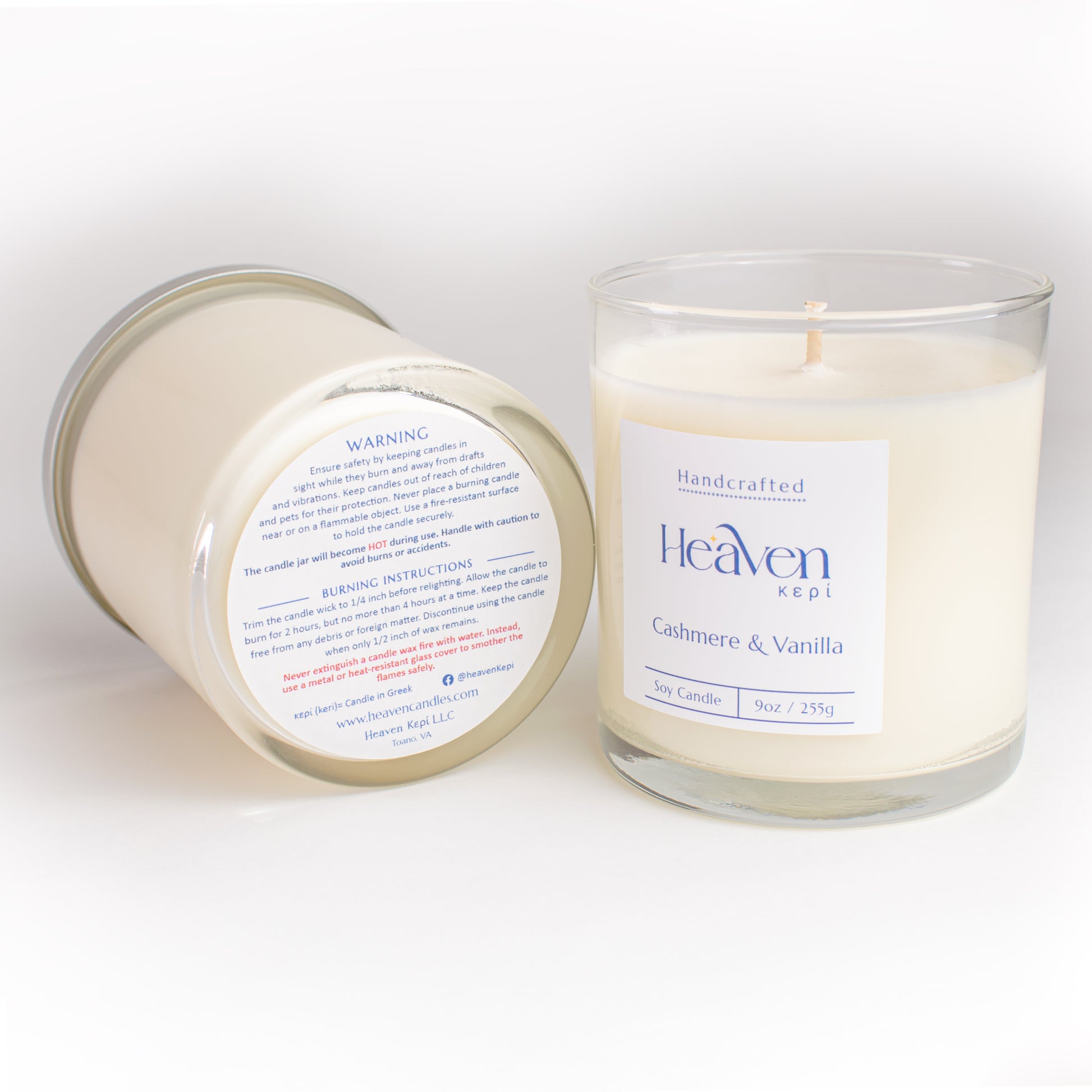 Warm cashmere, vanilla, and sandalwood fragrance candle displayed on neutral bedroom accents.