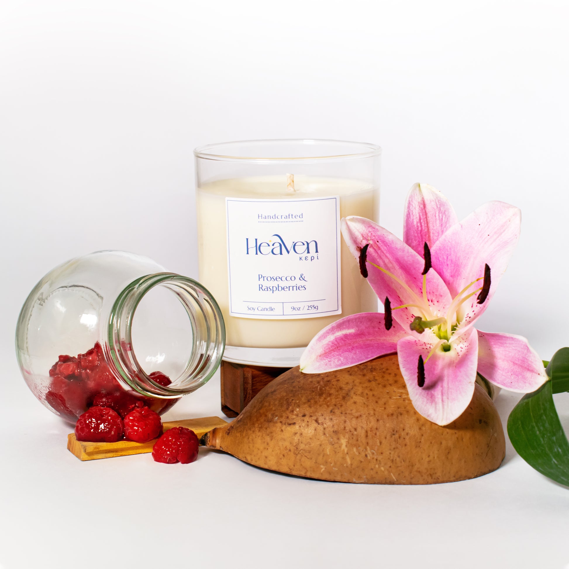 Prosecco & Raspberries artisan soy candle by Heaven Kepi