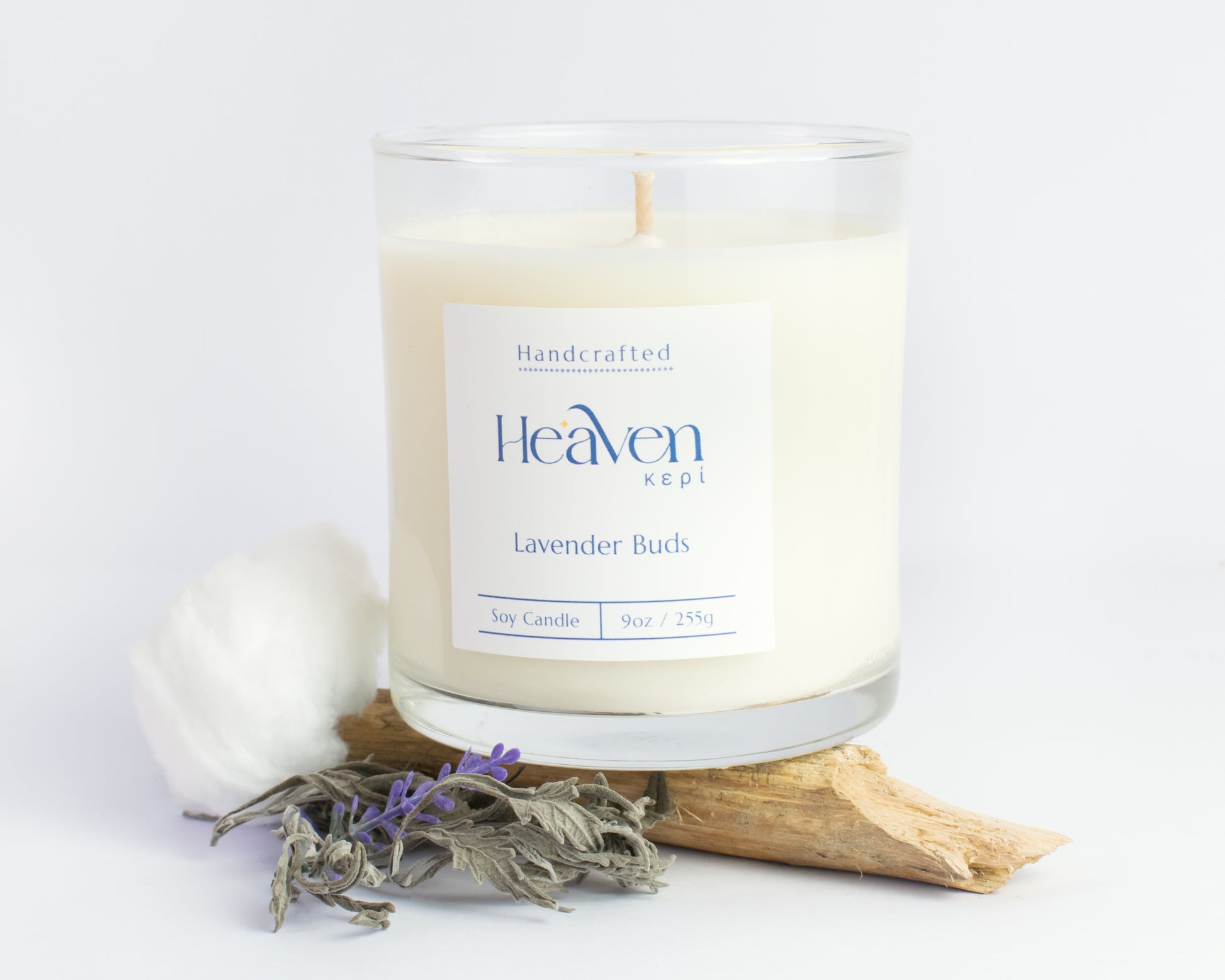 Lavender soy candle in glass jar with minimalist label by Heaven Kepi