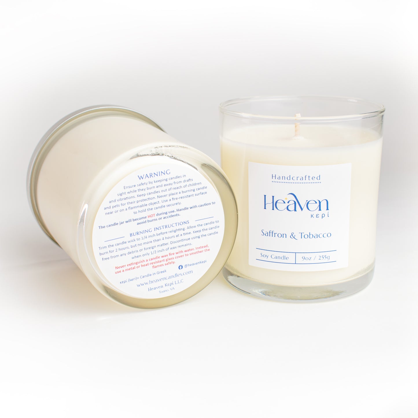 Hand-poured soy candle with warm saffron and tobacco leaf notes